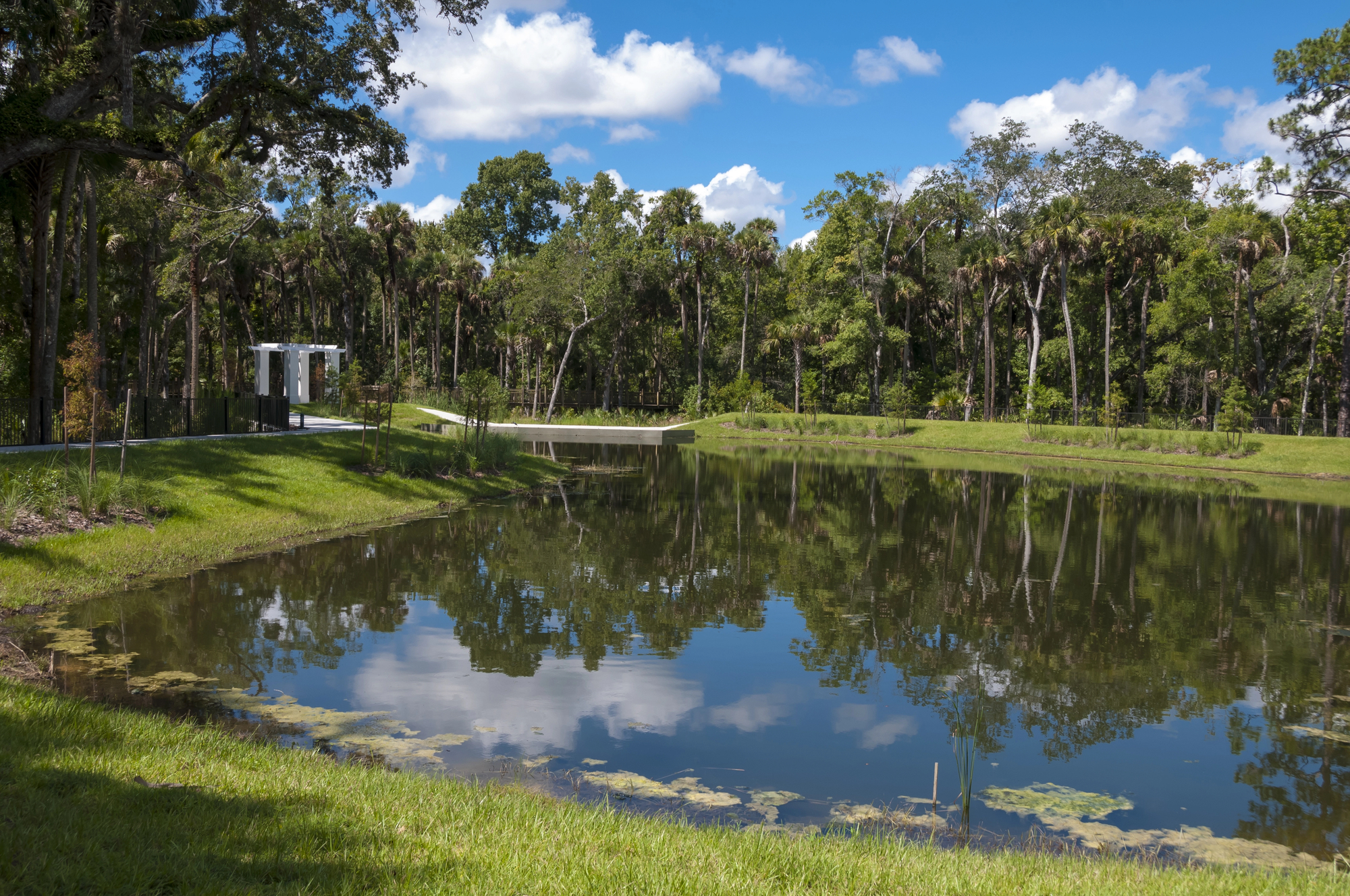A small lake with a grassy edge reflects trees and a blue sky with clouds. A pathway and a white structure are visible in the background.